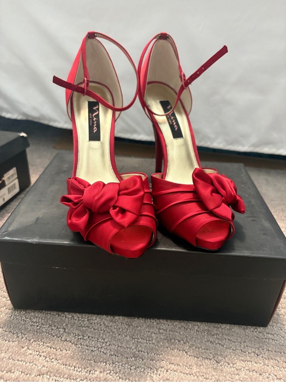 Nina Red Satin Peep-Toe Ankle Strap Heels
